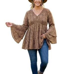 Women’s Leopard Print Bell Sleeve Babydoll Boutique Top / Tunic